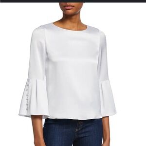 Alice + Olivia White Bell-Sleeve Satin Blouse